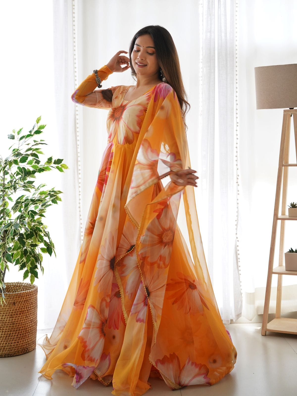 YELLOW PREMIUM QUALITY ORGANZA GOWN WITH BEAUTIFUL FLOWER PRINT & DUPTTA