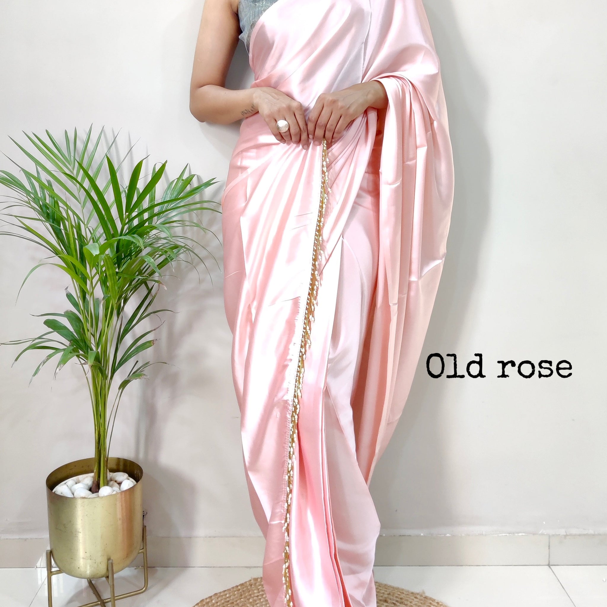 1-MIN READY TO WEAR  Old Rose Satin Silk Saree With Handmade Tassels On Pallu