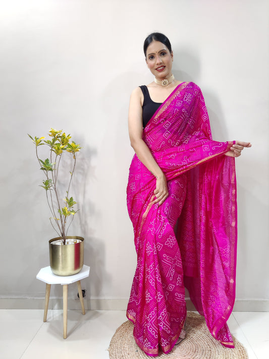 1 Min Ready To Wear Saree In  PINK Bandhani With All Over Boder