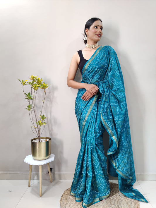 1 Min Ready To Wear Saree In  PEACOCK  Bandhani With All Over Boder