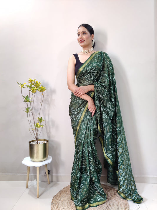 1 Min Ready To Wear Saree In  GREEN Bandhani With All Over Boder