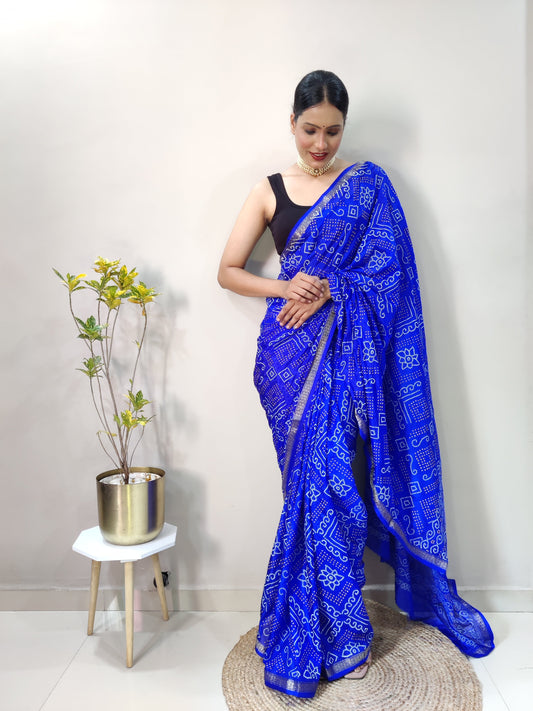 1 Min Ready To Wear Saree In  ROYAL BLUE Bandhani With All Over Boder