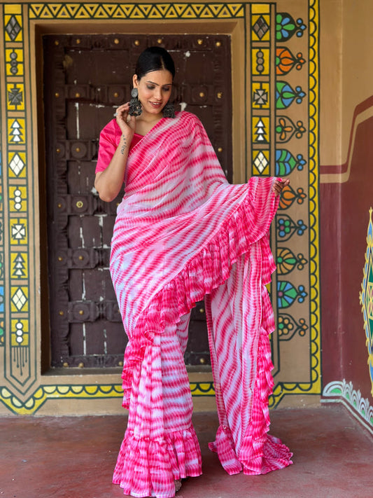 1 Min Ready To Wear Saree In Shibori Dyed Print With Ruffle All Over Boder