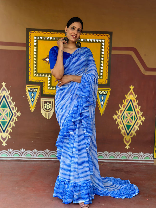 1 Min Ready To Wear Saree In Shibori Dyed Print With Ruffle All Over Boder