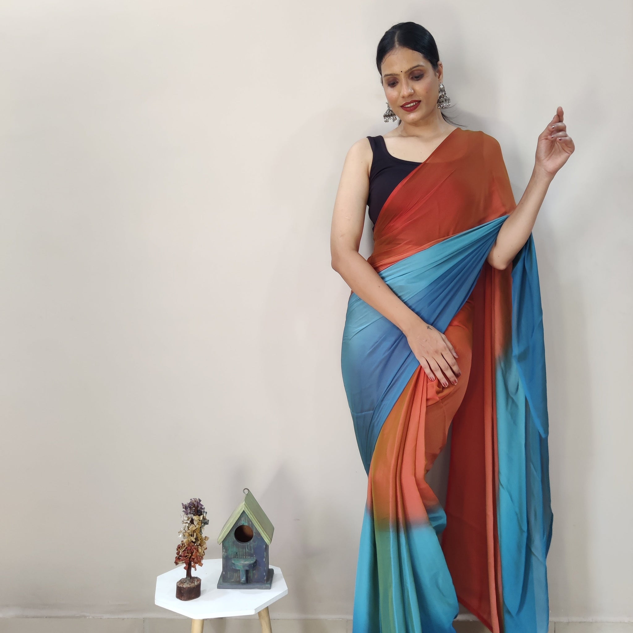 1-MIN READY TO WEAR  SUNEST SKY IMPORTED SILK SAREE  WITH BLOUSE