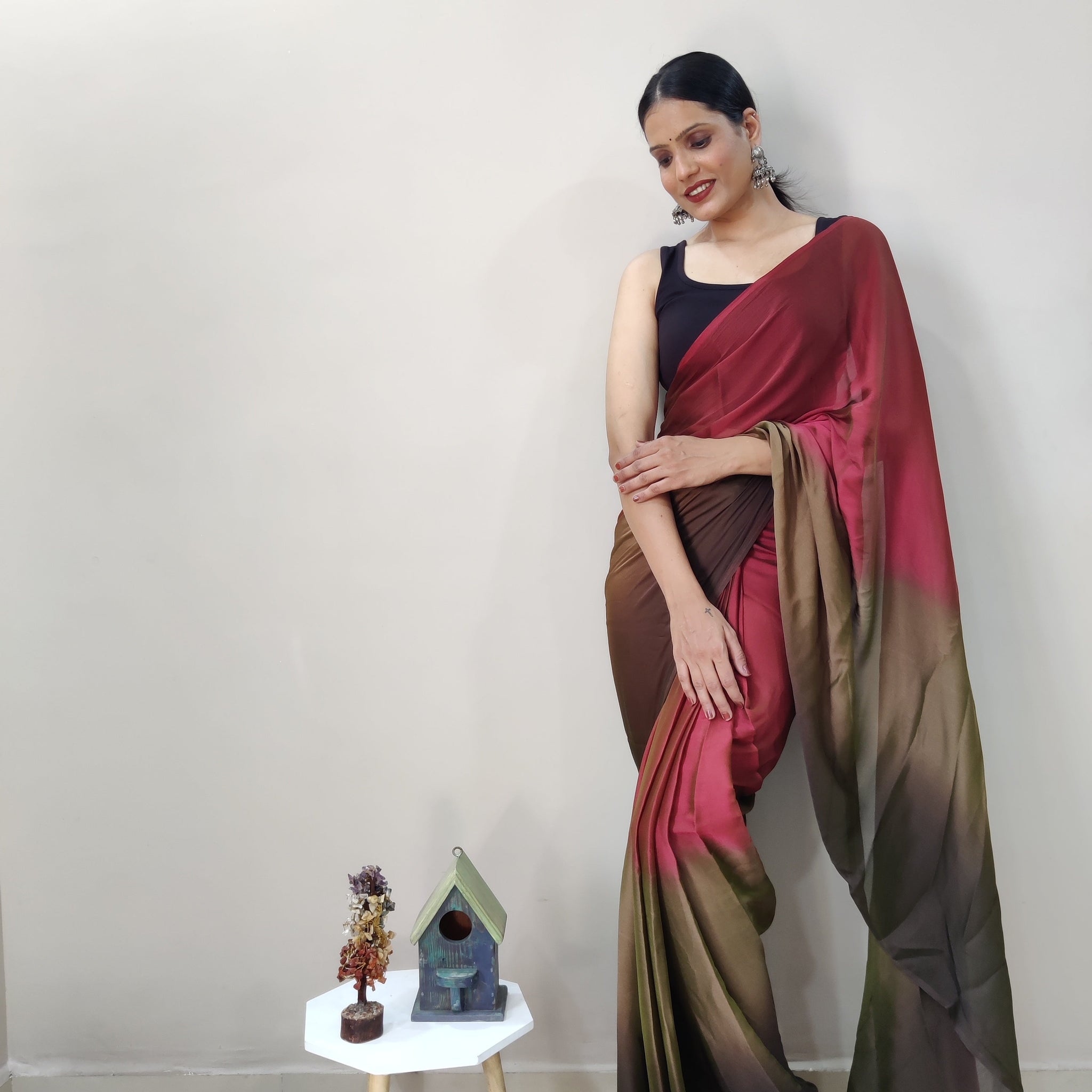 1-MIN READY TO WEAR  DARK COFFEE  IMPORTED SILK SAREE  WITH BLOUSE