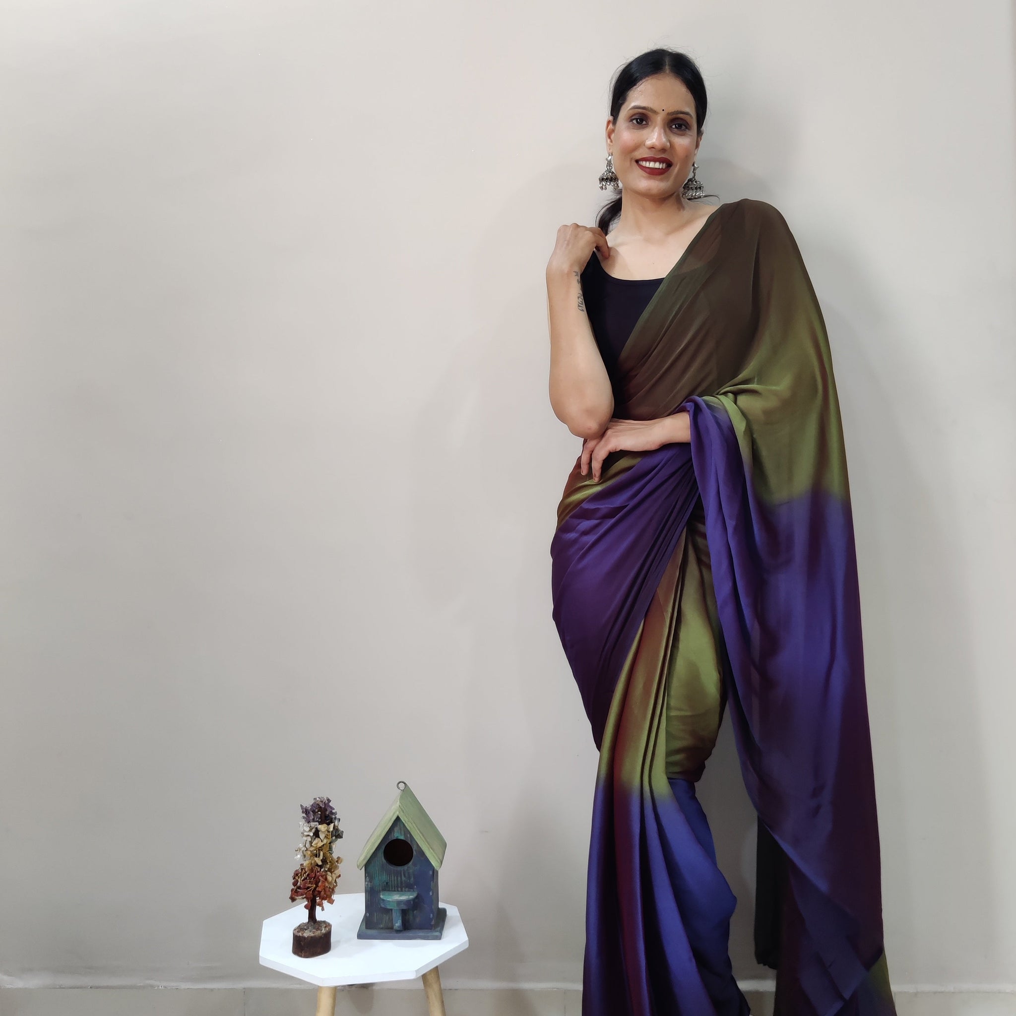 1-MIN READY TO WEAR   AVOCADO  IMPORTED SILK SAREE  WITH BLOUSE