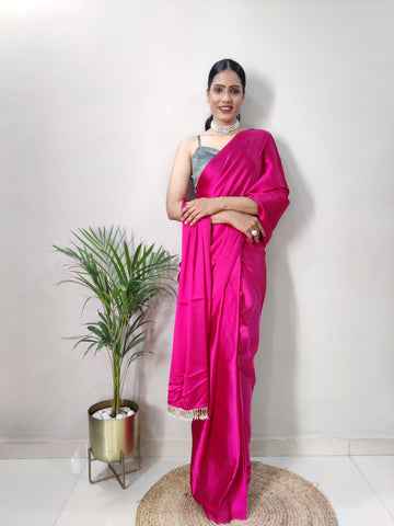 1-MIN READY TO WEAR  Hot Pink Satin Silk Saree With Handmade Tassels On Pallu