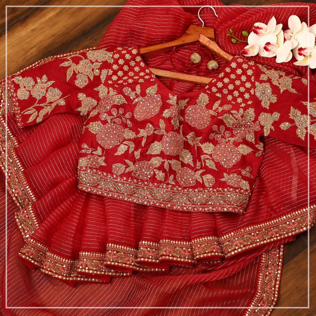 Red Zari Linen Cotton Silk Fancy Thread Work Saree