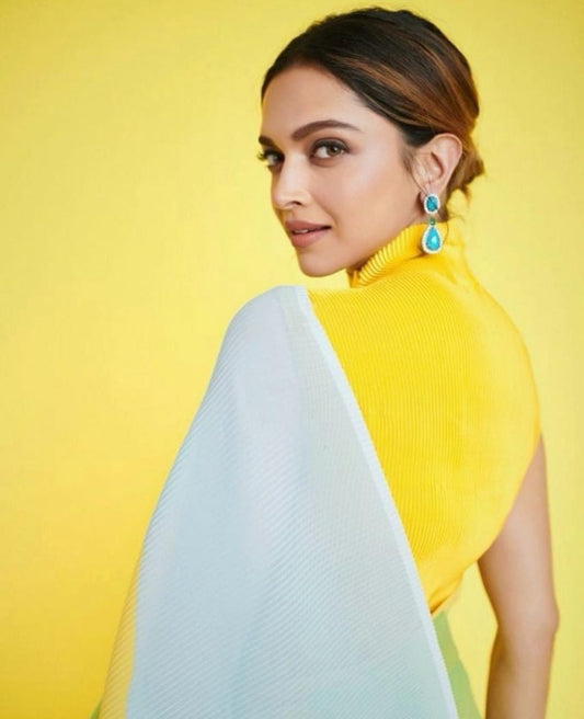 Party Wear Deepika Padukone Style Yellow Color Pleated Saree