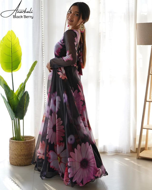 BLACK PREMIUM QUALITY ORGANZA GOWN WITH BEAUTIFUL FLOWER PRINT & DUPTTA