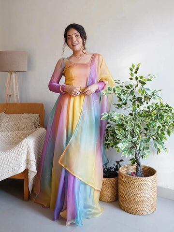 Dark Rabba Rainbow Color Pure Organza Printed Anarkali Gown