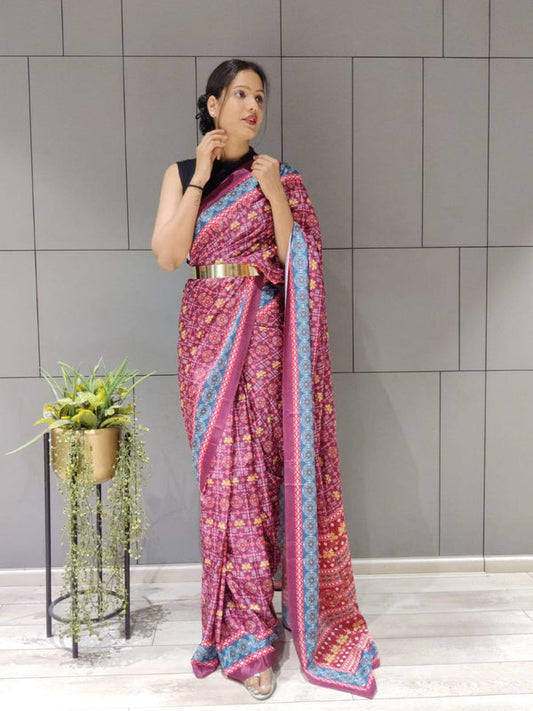 1-MIN READY TO WEAR SAREE IN AJRAKH PATOLA DESIGN WITH BLOUSE